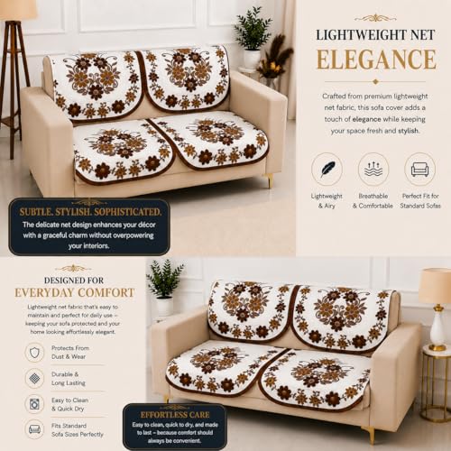 Image of Homerz Premium 'Surya Series' Sofa Cover | Stylish Sofa Protector | Net Fabric | Anti-Stain & Washable Slip Cover Exact Size Antislip (Daisy Brown, 2 Seater, Seat Cover with Backrest)