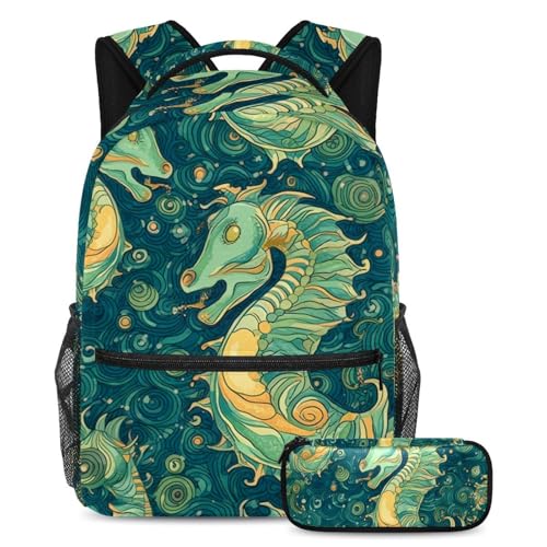 Sac à dos hippocampe baroque bleu art grand sac à livres scolaire pour fille et garçon