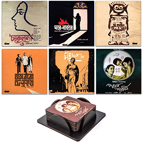 Image of Windup MDF Wooden Printed Coasters Set with Coaster Stand (High-Gloss /Waterproof - 3.5x3.5 inches, Set of 6) - Style: Satyajit Ray Movie Posters