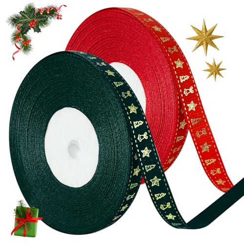 CNMTCCO 2 Rolls 43 Yard Merry Christmas Ribbons Grosgrain Wrapping Rope with Snowflake Pattern for Christmas Favor Party DIY Crafts Package Decor (Gold Font)