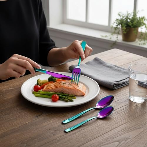 Image of 24 Pcs Rainbow Mirror Polish Stainless Steel Cutlery Set for Dining Table with Spoons and Forks Set + Butterknives - The Perfect Tableware /Flatware