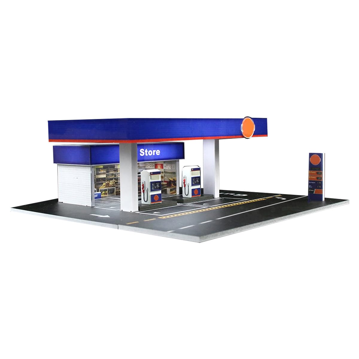 Miniaturowy wyświetlacz stacji benzynowej Gulf, skala 1/64, garaż z oświetleniem LED, kompatybilny model architektoniczny do kolekcji samochodów DIY (samochody i figurki nie są dołączone)