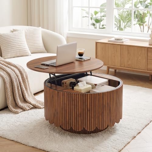 Image of Round Lift Top Coffee Table with Storage, Fluted Circle Coffee Table,Walnut