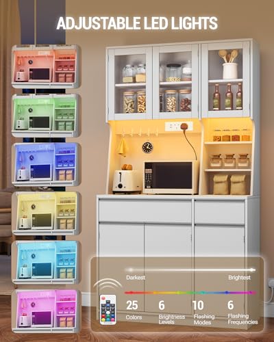 Hzuaneri Kitchen Cupboard with LED & Power Outlet, Tall Kitchen Cabinet with Countertop & 2 Drawers, Sideboard Storage Cabinet, Adjustable Shelves, for Dining Room, 40 x 100 x 180 cm, White PT00103XUK - Image 3