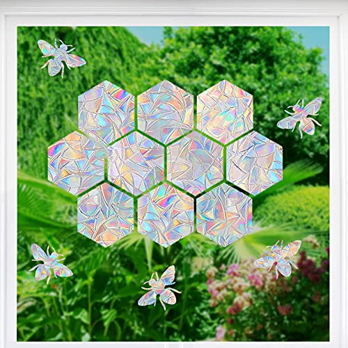 Image of STICKERGURU 16 Pieces Hexagons and Bee Window Clings - Anti-Collision Window Decals to Save Birds from Window Collisions,Non Adhesive Prismatic Vinyl Window Clings, Rainbow Stickers, Bright,rainbow