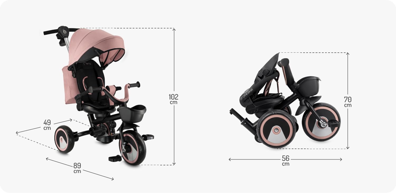 Triciclo per bambini MoMi IVI, seduta girevole 360°, cinture a 3 punti, poggiapiedi, tettuccio parasole, ruote EVA, manubrio regolabile, borsa e cestino portaoggetti