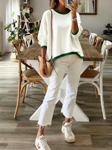 Image of Womens Striped Lightweight Cotton Sweaters Long Sleeve Crew Neck Color Block Casual Knitted Pullover Tops