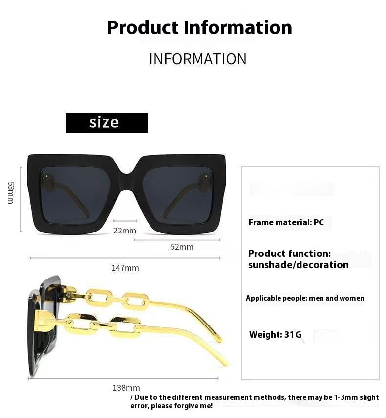 Rikss Oversized Square Sunglasses with Gold Chain Arms, PC Frame, Unisex, UV Protection3