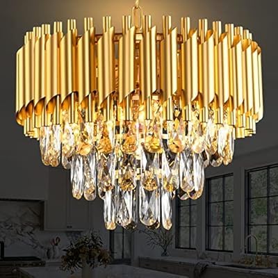 Image of Zingy Modern 3 Tiers Crystal Pendant Light Golden Round Ceiling Light Fixture for Living Room and (Antique, 400mm) and 3 Colors Led Plate Included Warm White, Natural Light, Golden Light R