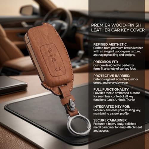 Image of Wooden PU Leather Key Cover Compatible with Ford Fiesta Figo Old Ecosport Flip Key 3 Button Smart Key Stylish Wooden Texture & Durable Premium PU Leather Protection