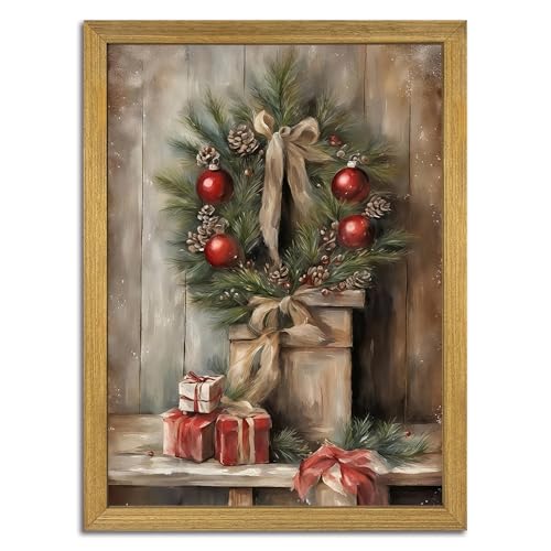 Vintage Christmas Wreath Wall Art, Christmas Pictures Canvas Wall Decor,