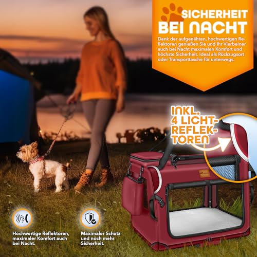 TRESKO® Hundebox faltbar inkl. Leckmatte, Spatel & Reflektoren M 61x42x42cm | Transportbox für Hunde und Katzen | Hundetransportbox Auto für kleine & große Hunde | Hundetasche robust Rot