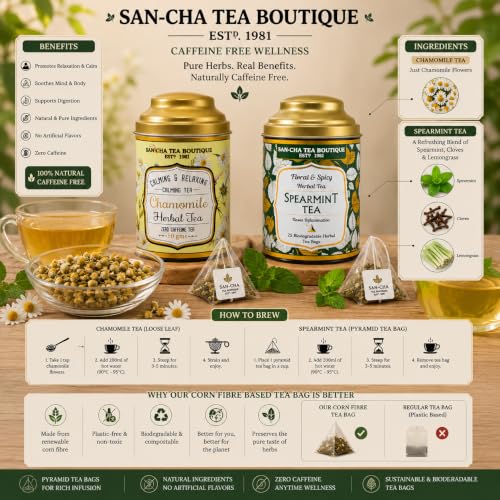 Image of Sancha Tea Boutique, Combo Pack, Chamomile Herbal (50g Loose Flowers) & Spearmint Herbal (25 Pyramid Bags), Caffeine Free Floral & Mint Tisanes, Traditionally Valued for Calm & Refreshment