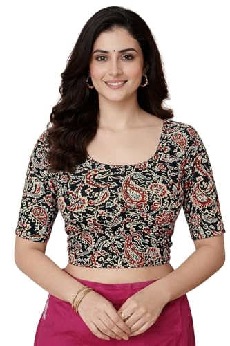 Image of Amazon Brand - Anarva Women's Kalamkari Print Cotton Stretchable Round Neck Readymade Saree Blouse