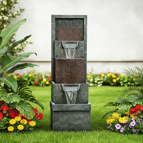 Image of Naturefalls 39.3 inch Tall 4-Tier Outdoor Water Fountain with LED Lights - Gray Resin Indoor /Outdoor Waterfall Fountain for Garden Patio Deck Backyard Home Decor
