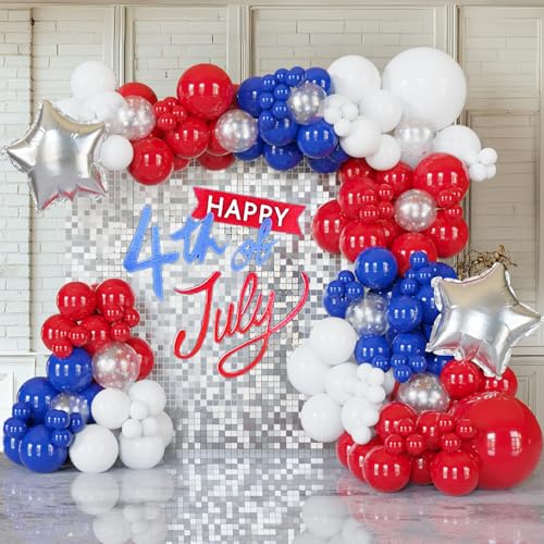 Image of PartyXpress 137PCS Red Blue White Balloon Arch Garland Kit with Silver Star Foil Balloons for Patriotic Party, 4th of July Decorations, Graduation, Baseball Birthday, Nautical, Labor Day