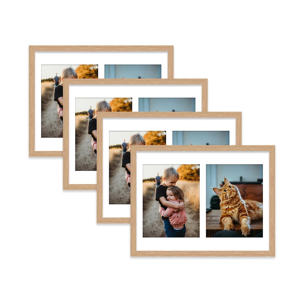 Oak Multi Photo Frame - Holds 2 x 9x7 Pictures, Family Collage Picture Frame for Wall Display, 16x12 Frame size, Set of 4