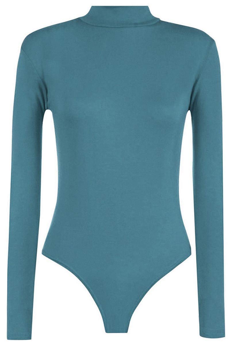 NAZ Fashion Womens Ladies Long Sleeve Polo Turtle Neck Plain Stretch Bodysuit UK 8-26 Teal