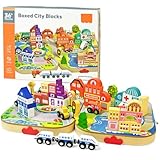 Vileafy Toys Building Blocks Set for Boys and Girls Gift, 56 Pcs Wooden City Stacking Block, Educational Toys for 3 4 5 6 Years Old Kids