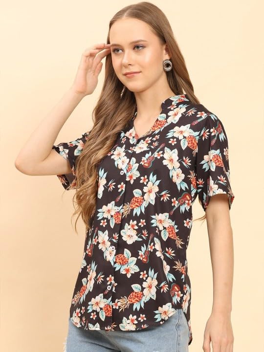 Image of Trendy Queen Women's Printed Straight Polyester Mandarin Collar Top (SD814 T)