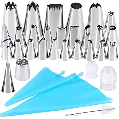 Gyvazla 32 Pcs Cake Piping Nozzles Tips, 25 Stainless Icing Nozzles, 2 Reusable Piping Bags Icing Bag and More Accessories for Cake DIY Cover