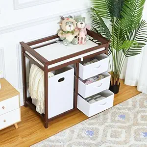 Wooden Baby Changing Table,Modern Baby Changing Station Dresser with Laundry Hamper,Diaper Changing Table,3 Drawer Basket and Changing Pad for Baby Newborn Infant