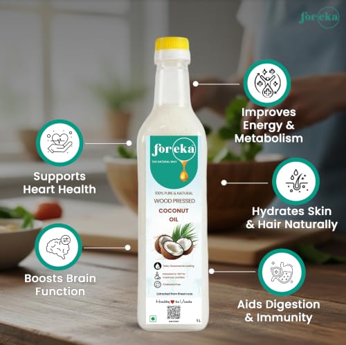 Image of Foreka 100% Pure Wood Pressed Virgin Coconut Oil 500ml - Cold Pressed & Unrefined Edible Coconut Oil - Traditional Chekku /Kolhu Extracted - Multipurpose Oil for Cooking, Hair & Skin Care