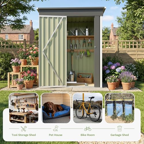 Image of Devoko 5 x 3 FT Storage Sheds with Floor Frame, Waterproof Garden Tool Shed with Lockable Door, Outdoor Metal Small Shed for Backyard Patio Lawn, White