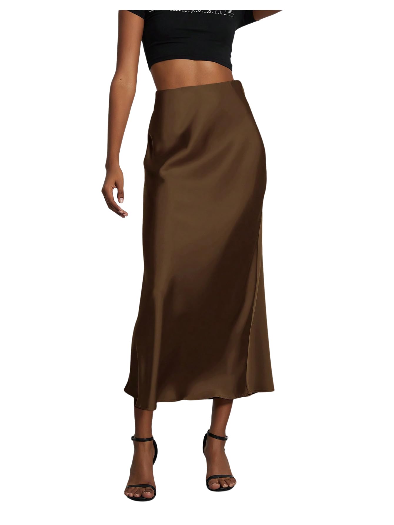 SOLY HUX Womens Elegant Satin Skirts High Waisted Flared Casual Work Office Fishtail Midi Skirt