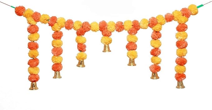 Artificial Toran Marigold Door Hanging Fluffy Flowers Garlands Door Toran Set Decorative Door Bandanwar with Bell for Indian Traditional Festival New year Decorations GiftsSize- 40"Yellow,Orange