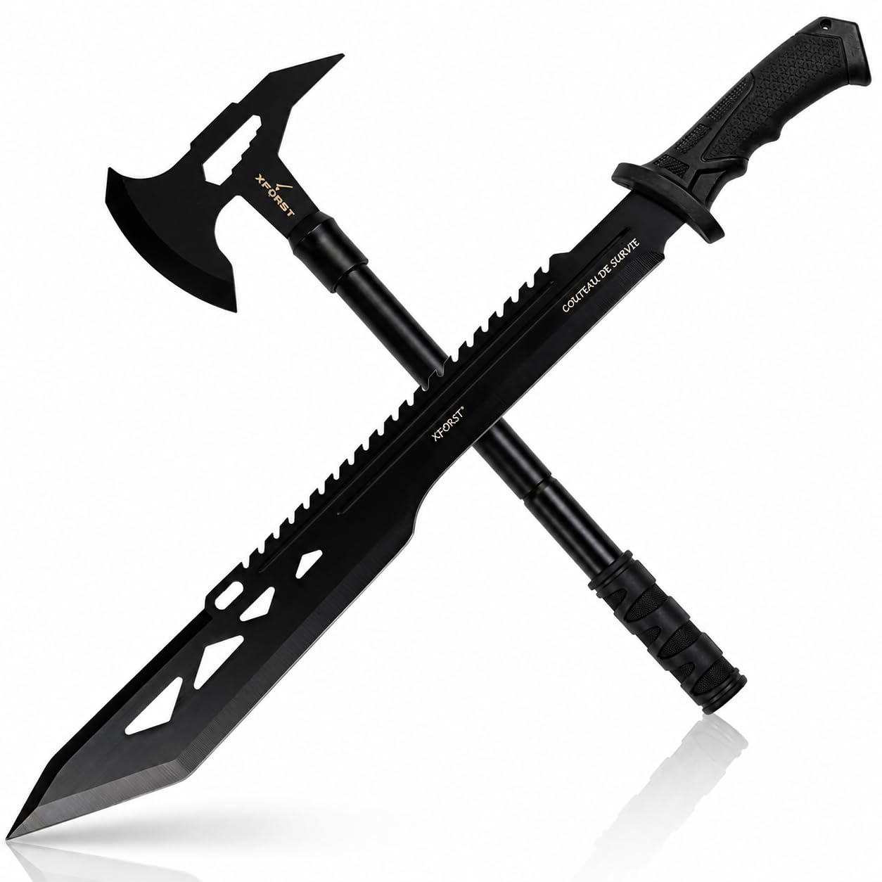 Xforst Ascia Accetta + Coltello 64,5 cm da giardino outdoor di alta qualità, Impugnatura in plastica e fodero in tessuto Oxford