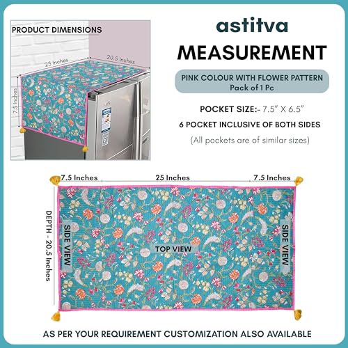 Image of Astitva Dust-Proof Fridge /Refrigerator Cover Cotton Washing Machine Top Protector with Side Storage Bags Universal Cover Cloth (Size - 103cm x 53cm, Each Pocket Size: 20 x 14 Cm) - Turquiose