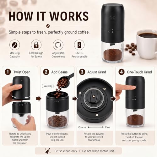 Image of AXEON Portable Electric Coffee Grinder with Cleaning Brush | USB Rechargeable Automatic Burr Grinder with Grounds Container | Electric Grinder for Coffee Beans, Spices & Herbs | One-Touch Operation