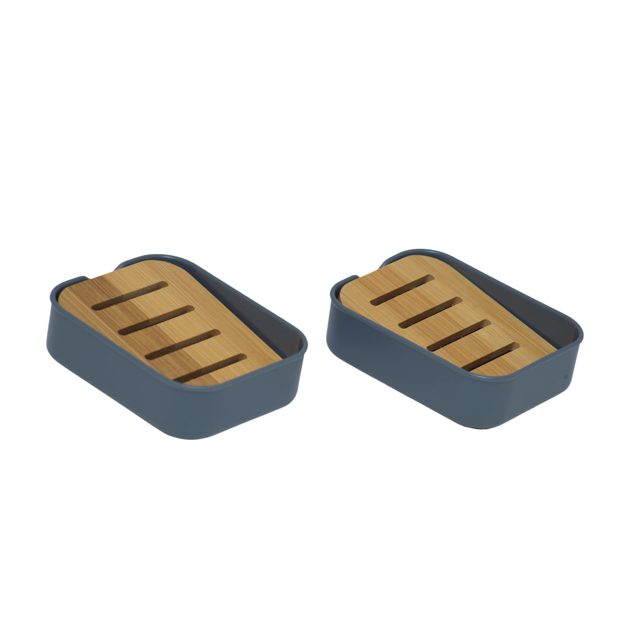 simplywire – Pack of 2 – Plastic Soap Dishes with Natural Slanted Bamboo Shelf – Bathroom Soap Holders - Grey