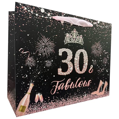 Conjunto grande de sacolas de presente de 30 anos com alças, cartão comemorativo, papel de seda rosa e adesivos para 30 anos de idade, ela, mulheres, irmã, filha, melhor amiga, design de tiara, 1 peça
