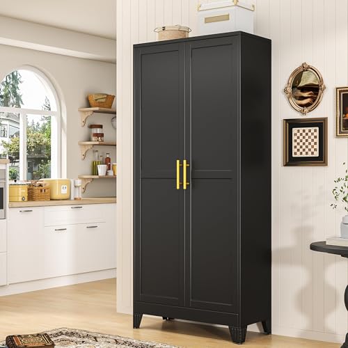 PAOFIN 71' Tall Metal Pantry Storage Cabinet with Doors and 4 Adjustable Shelves, Black Kitchen Food Pantry Cabinets, Tall Freestanding Cupboard for Kitchen, Dining Room or Living Room, Black