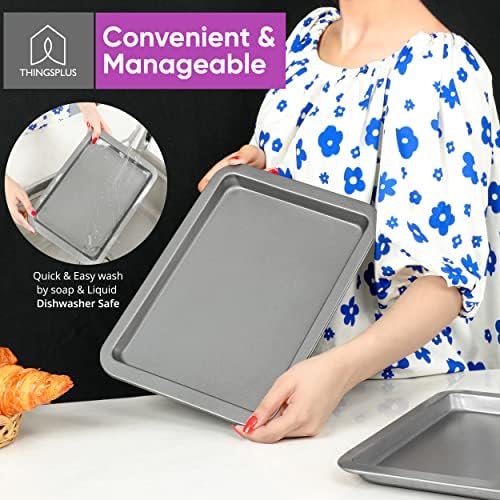 ThingsPlus Baking Trays for Oven Non Stick, Premium Quality Non-Stick Oven Tray Set with Teflon Coating, Carbon Steel Baking Tray Set of 2 with Silicone Pastry Brush for Cookies & Savories (33x22x2cm)