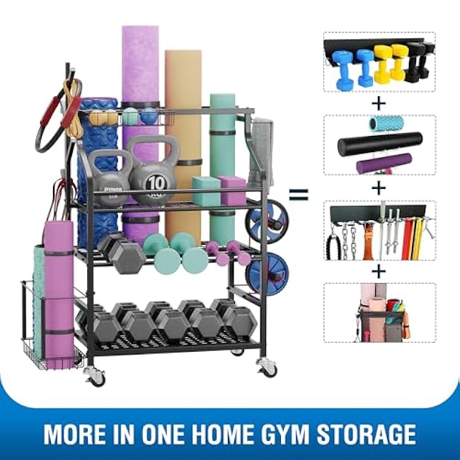 Dumbbells Rack,Weight Rack for Kettlebell, Weight Stand,Home Gym Storage Holder for Yoga Mat, Foam Roller,Yoga Strap,Resistance Bands,Garage Storage Organizer,Workout Storage with Wheels