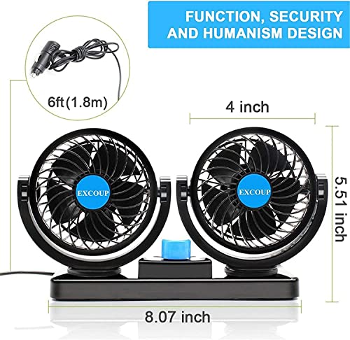 Excoup 4'' Cigarette Lighter Car Cooling Fan, Electric 12V Car Fans With 360° Rotatable Dual Head, Upgraded Portable Powerful Quiet Automobile Vehicle Fan For Car Truck Van Suv Rv Boat #TOP6