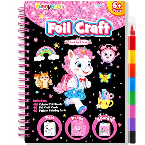 Image of FUNNYB&G Foil Art Craft Kit for Girls 4-10 Years Old: Mess-Free & No-Glue, Create 16 Back to School Pictures - Perfect Travel Toy & Birthday Gift for Kids (Back to School)