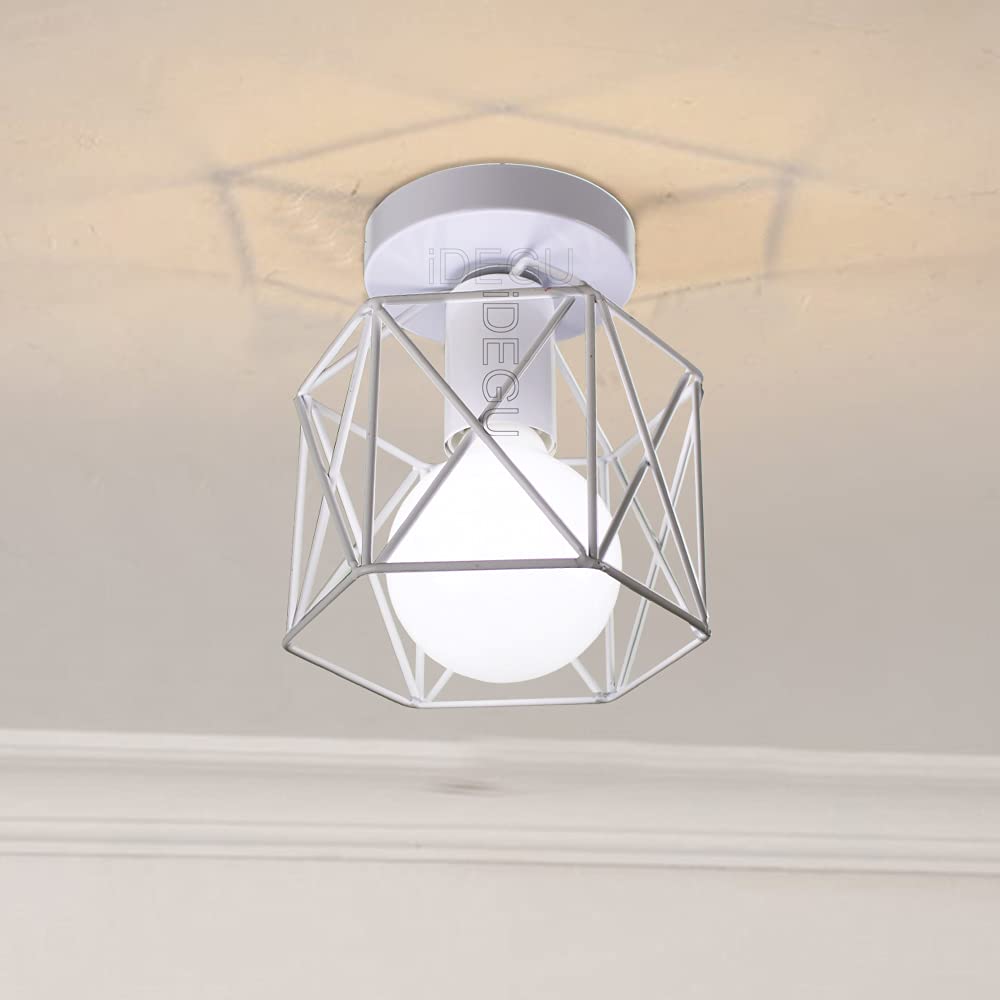 iDEGU Retro Metal Ceiling Light, Vintage Industrial Geometric Cage Pendant Light Shade E27 Light Fitting Kitchen Bedroom Hallway Entryway (White, 15CM)