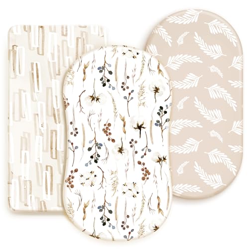 Image of GRSSDER Stretchy Ultra Soft Fitted Bassinet Sheet Set 3 Pack, Universal Fit for Bassinets Baby Cradle Moses Basket Oval Rectangle Mattress Safe and Snug, Stylish Pretty Flora for Baby, Beige