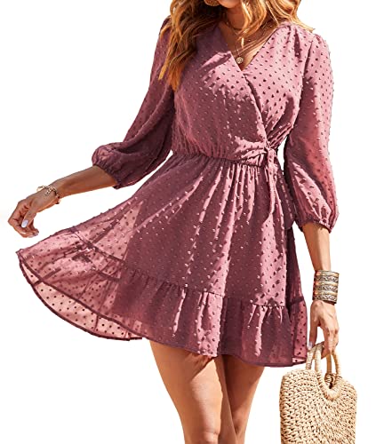 BTFBM Women s Summer Wrap V Neck Dresses Casual 3 4 Short Sleeve Tie High Waist Swiss Dot Ruffle Hem Swing Mini Flowy Dress (Swiss Dot Dark Pink, Small)