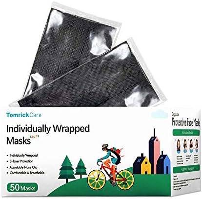 50 PCS Black Disposable Face Masks for Adults, Individually Wrapped,Breathable and Comfortable
