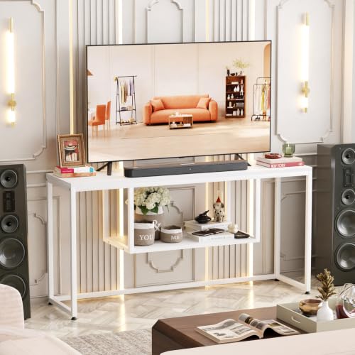 Image of Lukzer TV Unit Stand for TVs up to 43 Inch Engineered Wood with Metal (MTU-002 /White & White) Open Shelf Storage Console for Living Room, Set Top Box, WiFi Router, Speakers & Decor (110 x 56 x 30 cm)