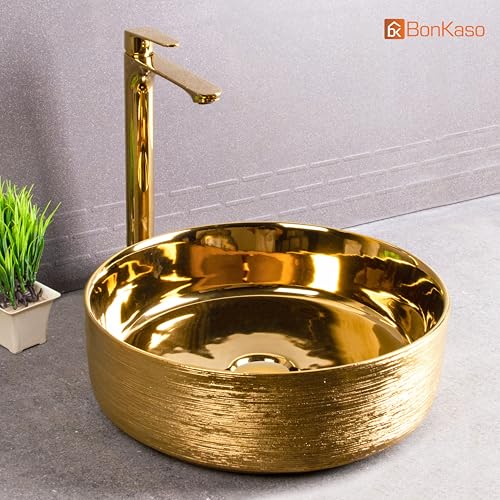 Image of BONKASO Golden Luxury Round Table Top Wash Basin (41.5 x 41.5 x 12.5 cm) | Designer Ceramic Countertop Bathroom Sink | Premium Vanity Bowl Art Basin 1013