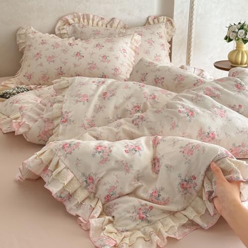 Image of VM VOUGEMARKET Lace Ruffled Duvet Cover Set Twin,Vintage Pink Rose Flower Bedding Set,Double-Layer Gauze Cotton Soft,Breathable & Lightweight for Girls-68 x86