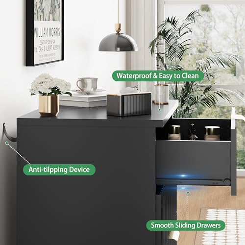 Image of Fluted Dresser for Bedroom with 3 Drawers, 24 inch Wide Modern Chest of Drawers with Metal Handle, Wooden Dresser TV Stand, Wood Closet Clothes Storage Drawer Organizer for Living Room, Hallway, Black