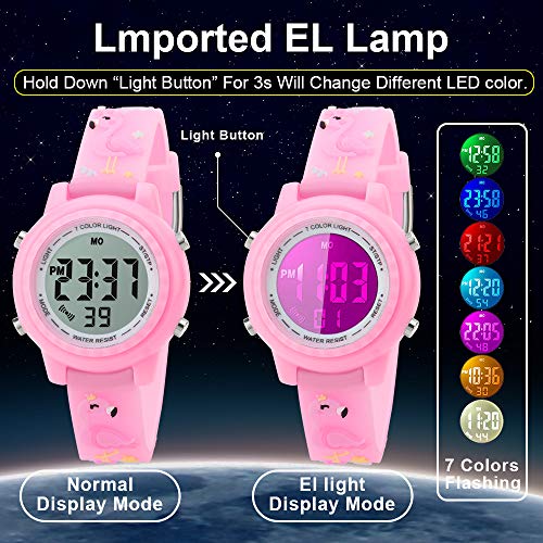 Kids Watch for Boys Girls Flamingo 3D Cute Cartoon Toddler Watch Digital Silicone Band Alarm Stopwatch Digital Child Wristwatch 50M Waterproof Pink2
