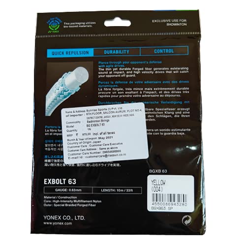 Yonex Badminton String BG Exbolt 63 |Yellow |Gauge 0.63mm|Quick Repulsion 1